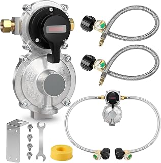 PYXGLAQ Rv Propane Regulator 2 Tank Hoses, LP Gas Regulator 2-Stage Auto Changeover Kit, Dual Tank Hoses with Propane Tank Gauge, Two-Cylinder Connection Setup for Camper &amp; Trailer Gas Systems.