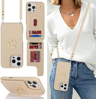 Lipvina Crossbody Wallet for iPhone 16 Pro Case with Strap-Beige | Cute Crossbody Lanyard Purse,4 Card Holder,RFID Blocking,and a 360° Ring Kickstand.Lightweight PU Leather for Women