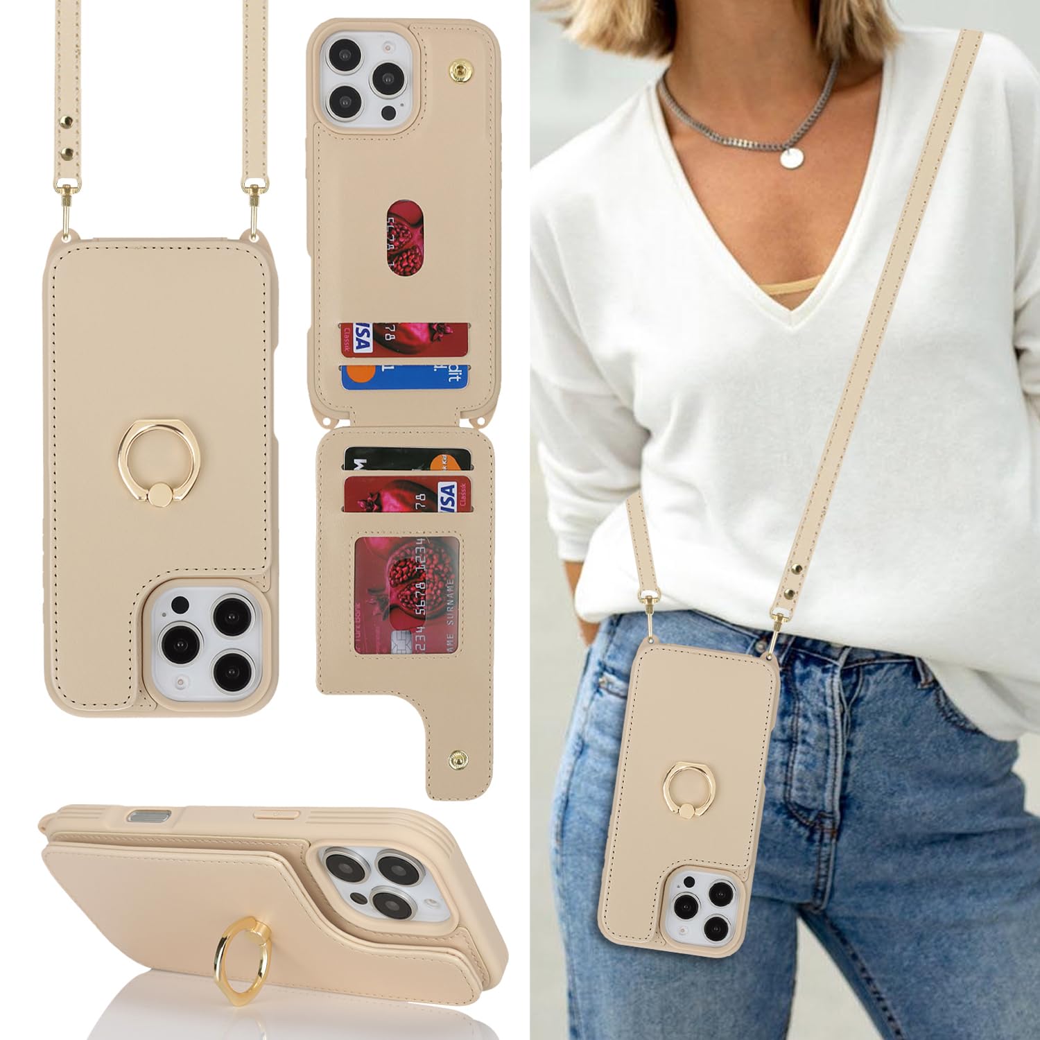 Lipvina Crossbody Wallet for iPhone 16 Pro Case with Strap-Beige | Cute Crossbod