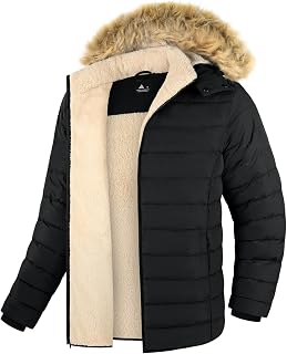 Little Beauty Men’s Sherpa Lined Puffer Jacket Water Resistant Hooded Winter Coat Windproof Warm Insulated Jacket Daily Wear