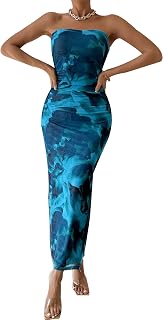 PRETTYGARDEN Women Summer Dress for Wedding Strapless Maxi Bodycon Long Floral Mesh Beach Holiday Party Dress