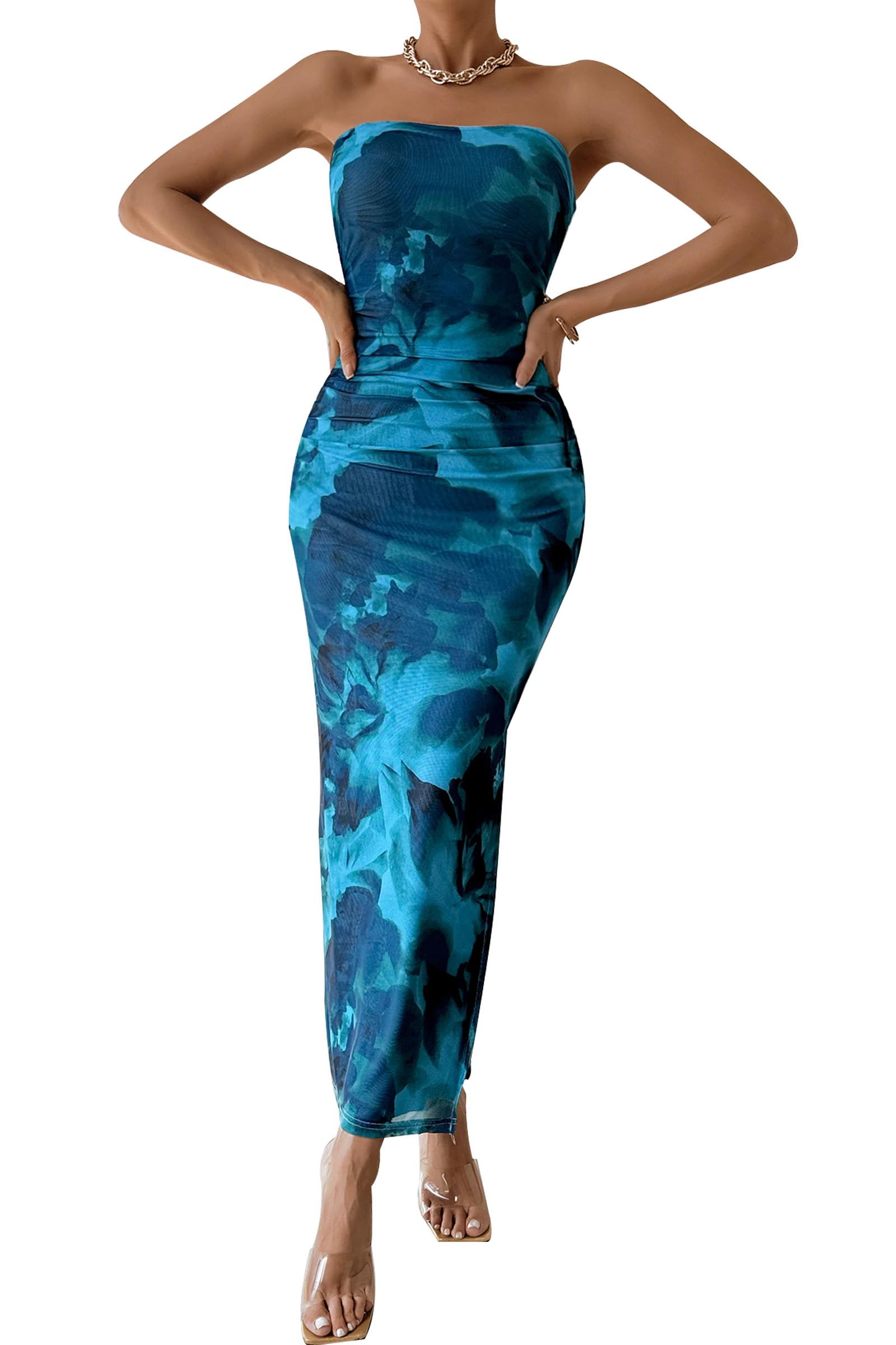 PRETTYGARDEN Women Summer Dress for Wedding Strapless Maxi Bodycon Long Floral M