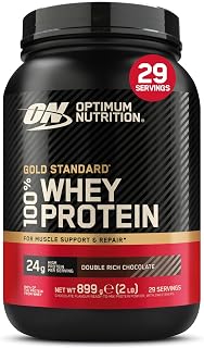 Optimum Nutrition Gold Standard 100% Whey Protein Powder, 899 g | Double Rich Chocolate, 29 Servings, 24g Protein, BCAA, Low Sugar, Fast-Digesting Isolate, Supports Muscle Growth and Repair