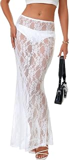 Rooscier Women's Lace A Line Sheer Maxi Skirt