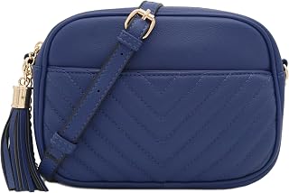 FashionPuzzle Chevron Quilted Crossbody Camera Bag with Chain Strap and Tassel