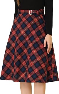 Allegra K Women Vintage Plaid Tartan High Waist Belted A-Line Midi Skirt