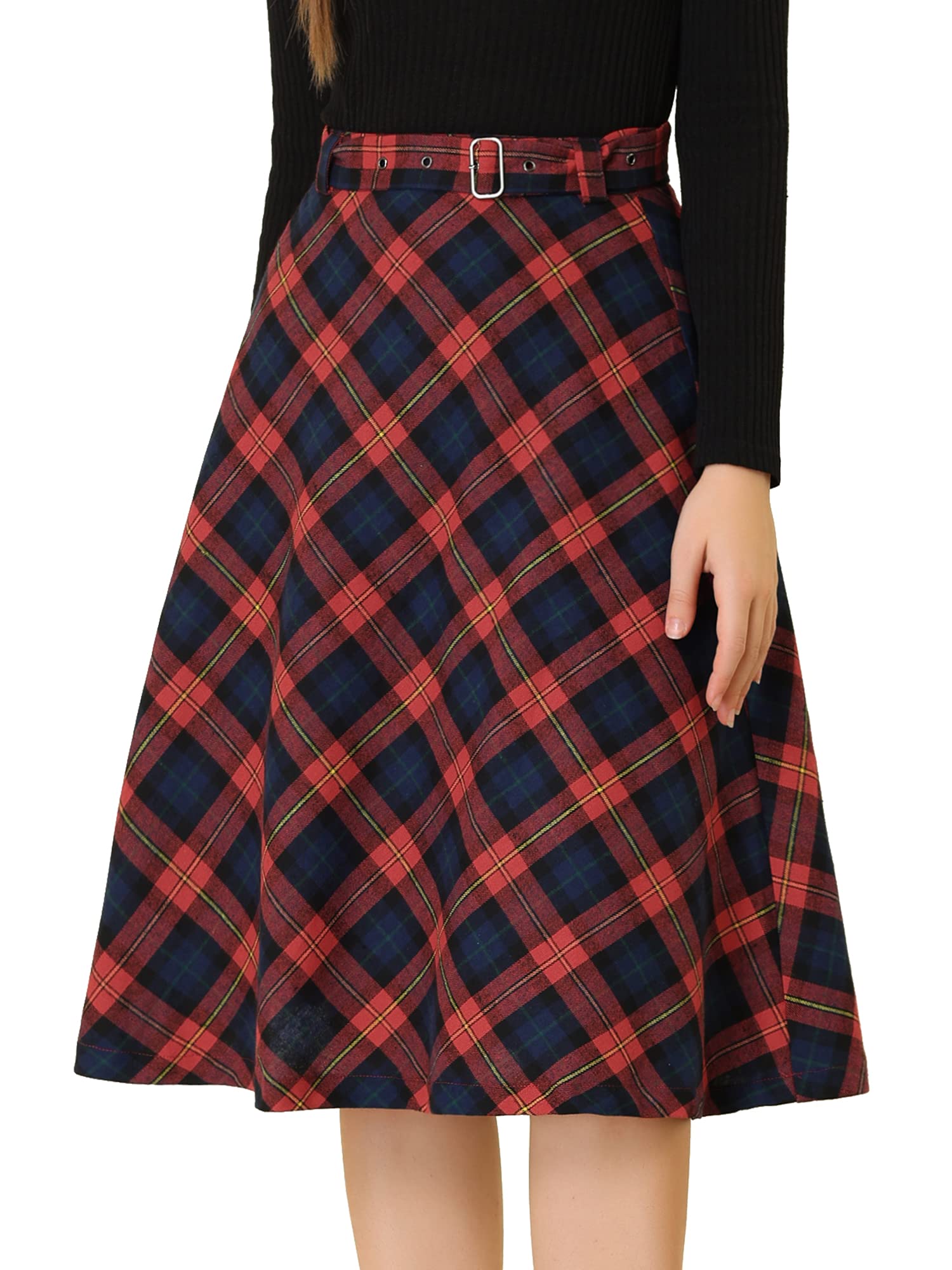 Allegra K Women Vintage Plaid Tartan High Waist Belted A-Line Midi Skirt