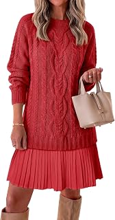 Saodimallsu Womens Cable Knit Sweater Dress Patchwork Pleated Long Sleeve Crewneck Fall Chunky Preppy Mini Dresses