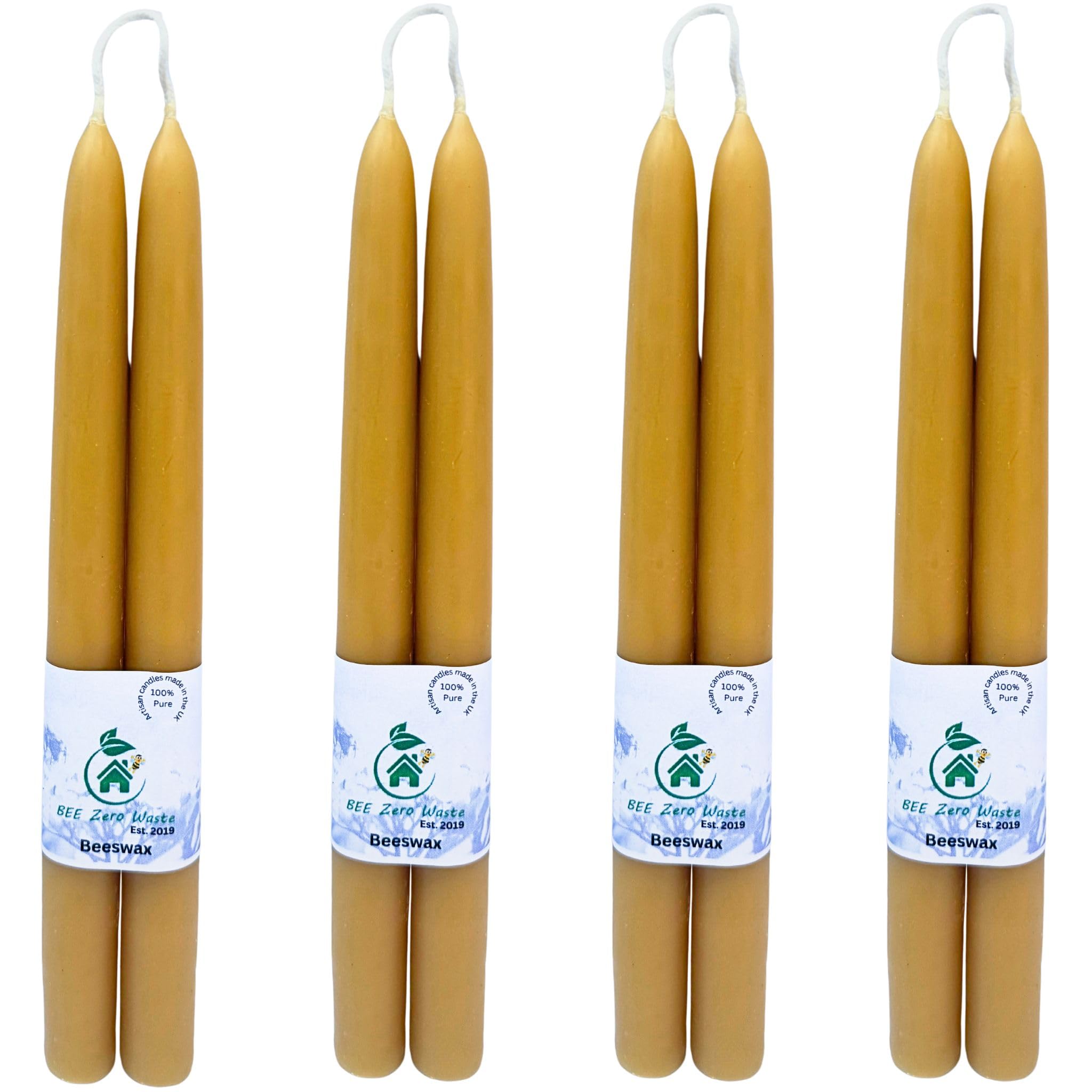 UK Handmade Beeswax Taper Candles, BEE Zero Waste, 9'' (230 mm), 4 Pairs | 100% 