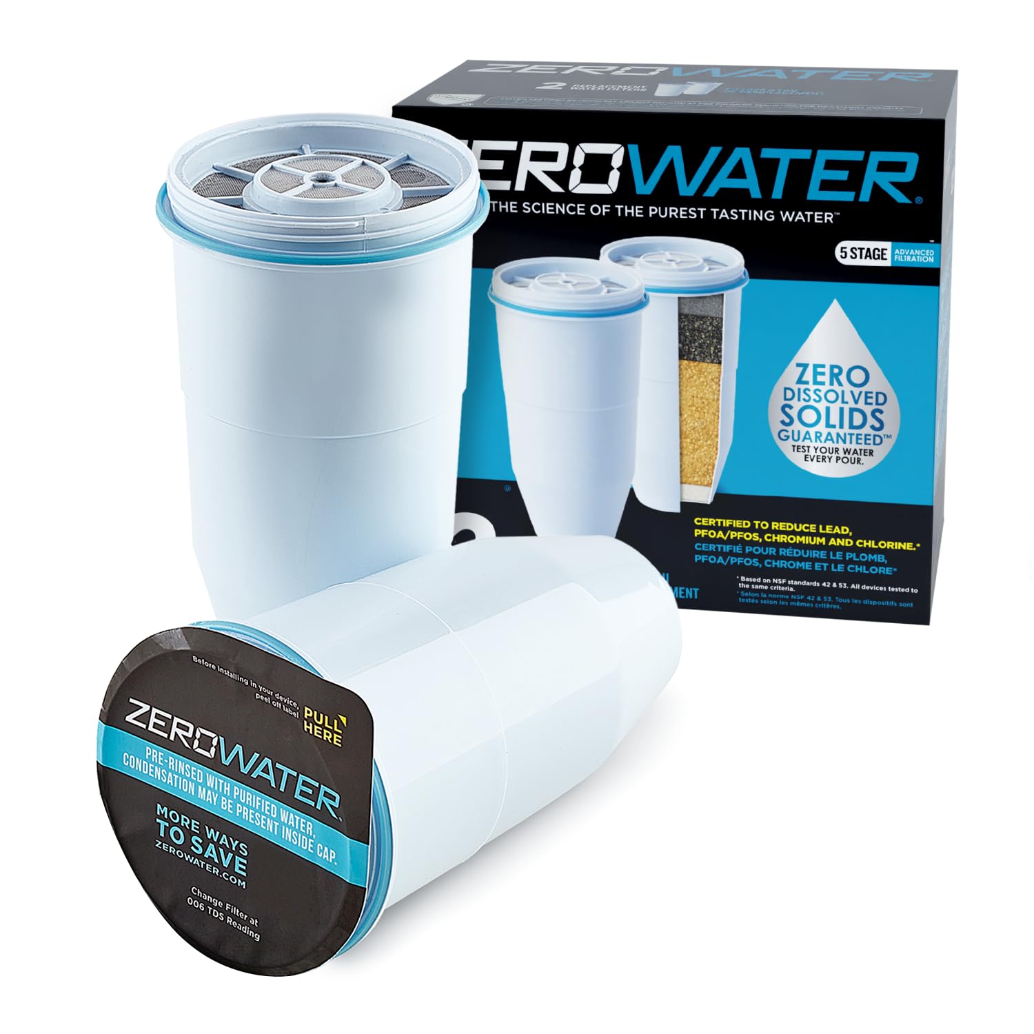ZeroWater Official Replacement Water Filter Removes PFOA/PFOS 2-Pack​ | IAPMO ce