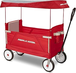 Radio Flyer 3-in-1 EZ Fold Wagon with Canopy, for Kids 1.5+, UV Shade | One-Hand Flat Fold, Seats 2 or Converts to Bench, DuraClean Fabric, Rubber Tires, 150 lb Capacity