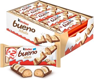 KINDER BUENO WHITE Chocolate Covered Wafer Bars - 39 g Pack x 20 | White Chocolate Covered Crispy Wafer Bars with Hazelnut Cream - 2 Individually Wrapped Bars Pack - 20 Packs - Ideal Treats