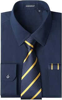 HISDERN Men's Shirts Long Sleeve Dress Shirt and Elegant Formal Tie with Buttons