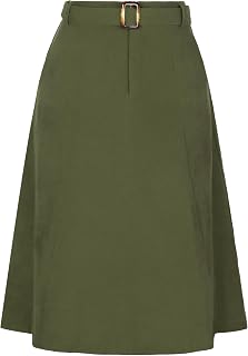 Allegra K Women's High Waist Elastic A-Line Belted Midi Corduroy Skirt