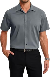 HISDERN Men's Short-Sleeved Summer Bamboo Fibre Shirt with Buttons and Pockets