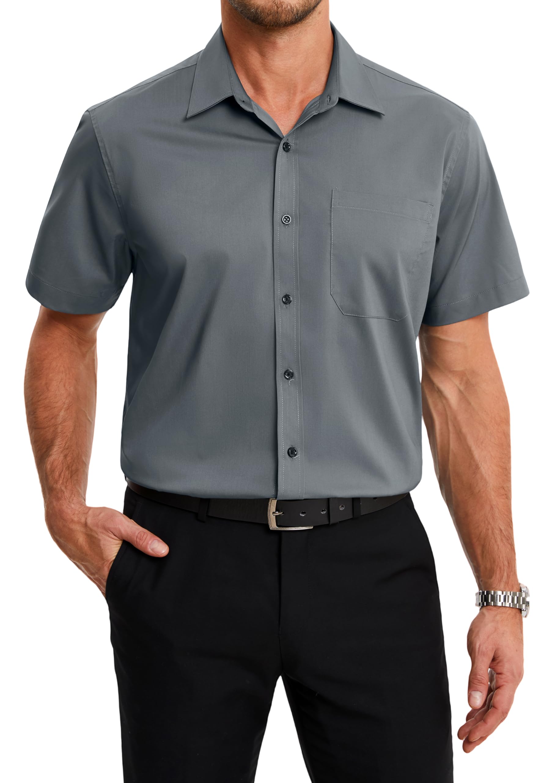 HISDERN Men's Short-Sleeved Summer Bamboo Fibre Shirt with Buttons and Pockets