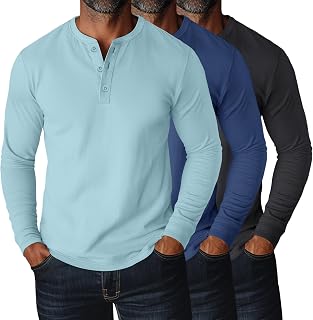 Ficerd 3 Pack Men's Plus Size Long Sleeve Loose Fit Cotton Blend Henley Tops