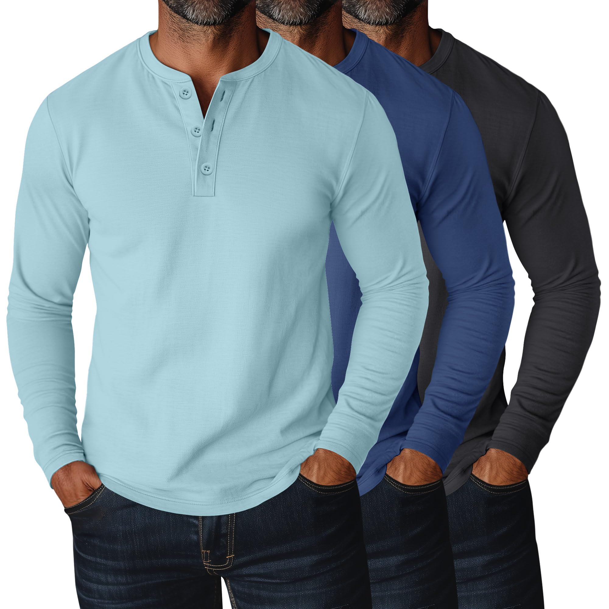 Ficerd 3 Pack Men's Plus Size Long Sleeve Loose Fit Cotton Blend Henley Tops