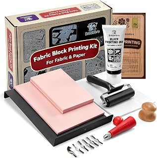 Bobblebro Linocut Kit for Printmaking, Fabric Block Printing Kit with Ink | Stamp Making Kit, Linoleum Blocks, 2.6 oz Fabric Ink for Fabric &amp; Paper, Carving Tools, Adult DIY Art, Halloween Gift