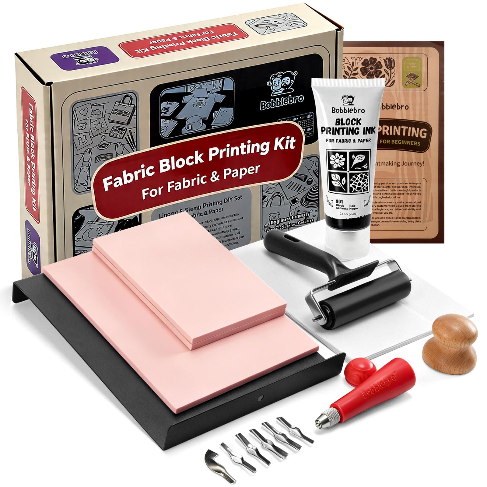 Bobblebro Linocut Kit for Printmaking, Fabric Block Printing Kit with Ink | Stam