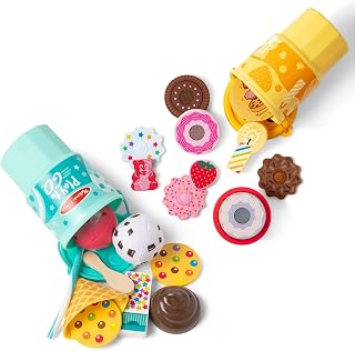 Melissa & Doug Play to Go Food Cups 2-Pack Toy Bundle | Pretend Play Food, Plush Ice Cream, Wooden Cakes and Candle, Cups With Fidget Toy Lids, Preschool Toys for Kids, Ages 3+