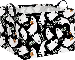 NTAO Gift Storage Basket Empty for Halloween, Storage Bin with Handles, Room Decor, Book Box(Black Ghost Boo)