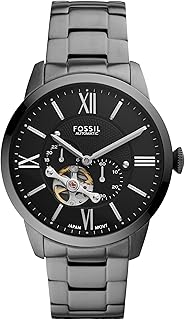 Fossil Men's Townsman Automatic Stainless Steel and Leather Three-Hand Skeleton Watch, Color: Black, Cognac (Model: ME3098)