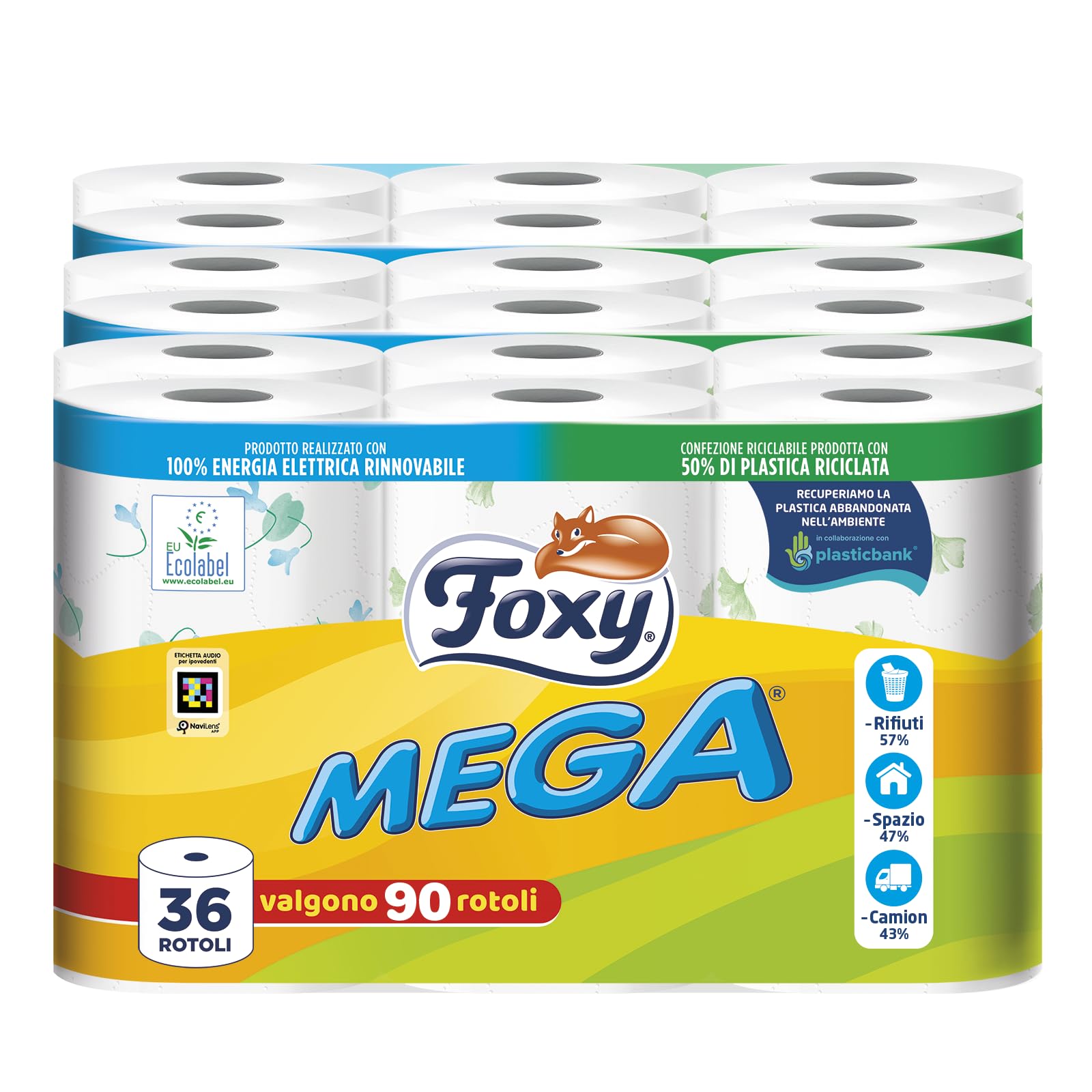 Foxy Mega | Toilet Paper 36 Rolls | 480 Tears | Decorated | 100% Renewable Elect