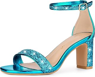 Allegra K Women's Glitter Ankle Strap Chunky Heeled Sandals