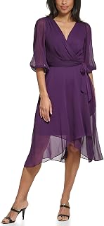 DKNY Women's Chiffon Balloon Sleeve Faux Wrap Midi Dress with High-Low Hem
