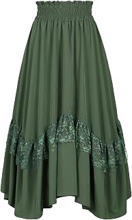 Women’s Renaissance Skirts High Waist Lace Trim Flowy Long Maxi Skirt with Pockets