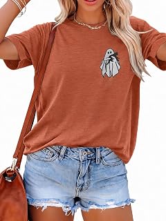 Halloween Shirts for Women Ghost Embroidery Graphic Tee Spooky Season Tops
