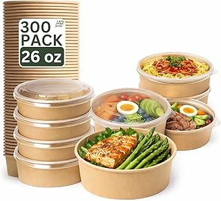 26oz 300Pack Kraft Paper Bowls with Lids, Disposable Meal Prep Containers
