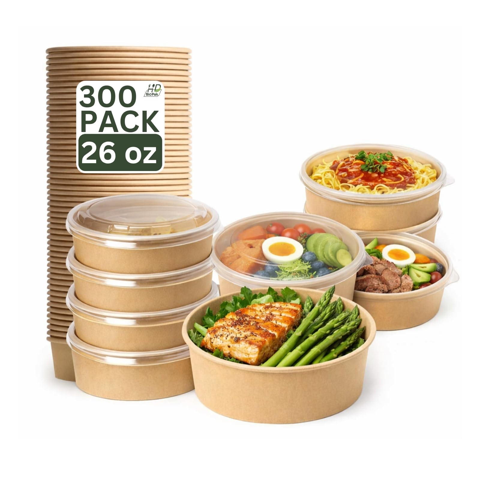 26oz 300Pack Kraft Paper Bowls with Lids, Disposable Meal Prep Containers