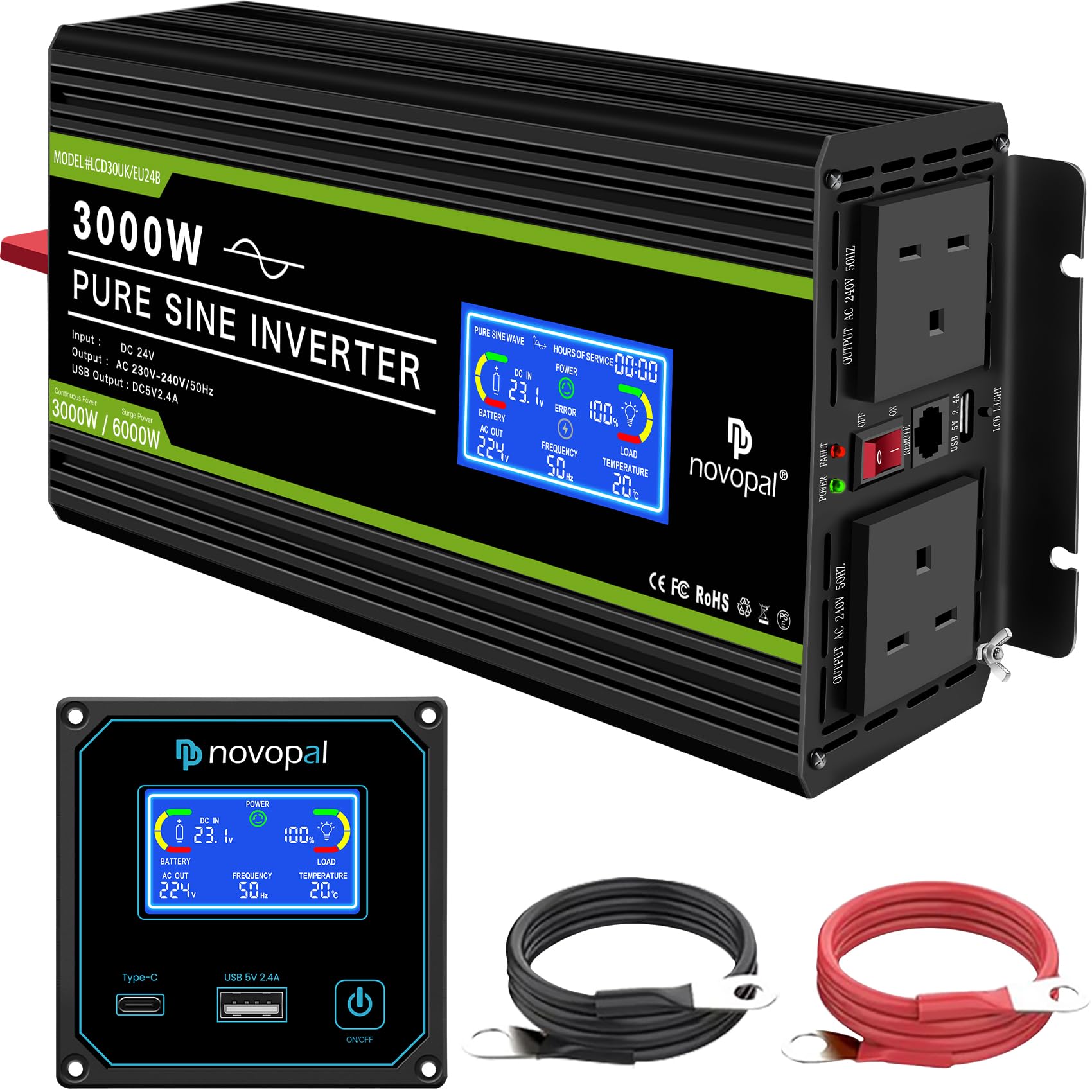 Novopal 3000W Pure Sine Wave Inverter 24V to 230V 240V Car Converter Power Inver