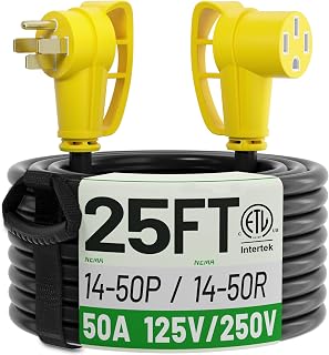 POWGRN NEMA 14-50P to 14-50R 25 FT 50 Amp RV/EV Extension Cord Outdoor | 25 Foot 4 Prong Heavy Duty RV Power Cord Waterproof with Cable Organizer, STW 50A 125/250V 6250/12500W, Yellow, ETL Listed