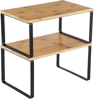SONGMICS Cabinet Organizer Shelf, Set of 2 Spice Rack, Kitchen Storage | Kitchen Counter Storage Spice Rack, Bamboo, Steel, Yellow and Black, UKCS02NB