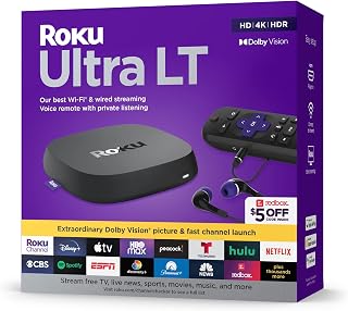 Roku Ultra LT (2023) HD/4K/HDR Dolby Vision Quad-Core Streaming Player with HDMI Cable, Headphones, Voice Remote w/Private Listening, Ethernet (Renewed)