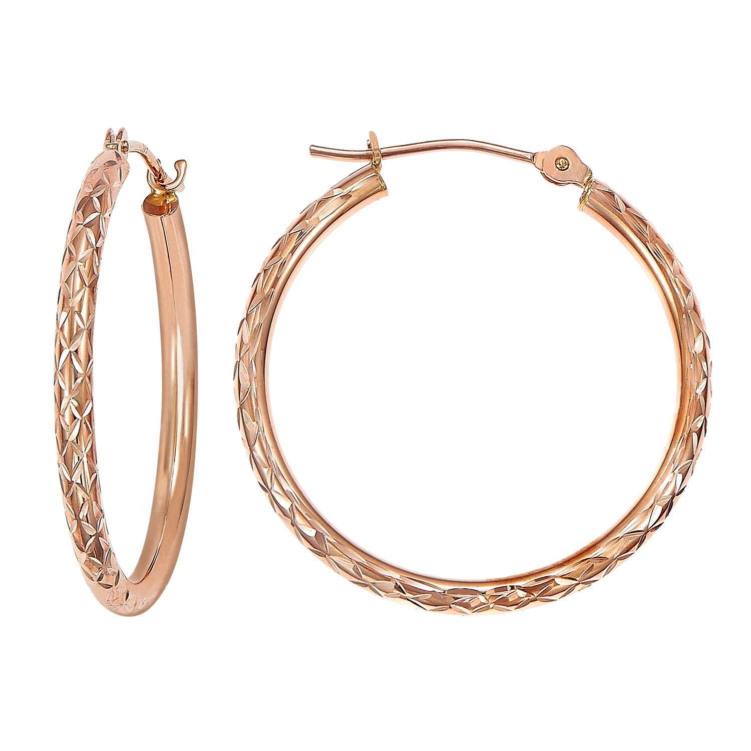 14k Gold X-pattern Diamond-cut Round Hoop Earrings, 1'' Diameter