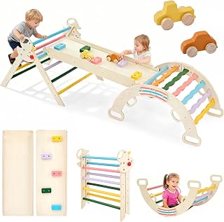 DUMOS 9-in-1 Pikler Triangle Set for Toddlers, Foldable Montessori Climbing Toys Indoor, Wooden Jungle Gym with Arch Rocker, Reversible Ramp, Ladder, Toy Cars and Blocks, Multicolored