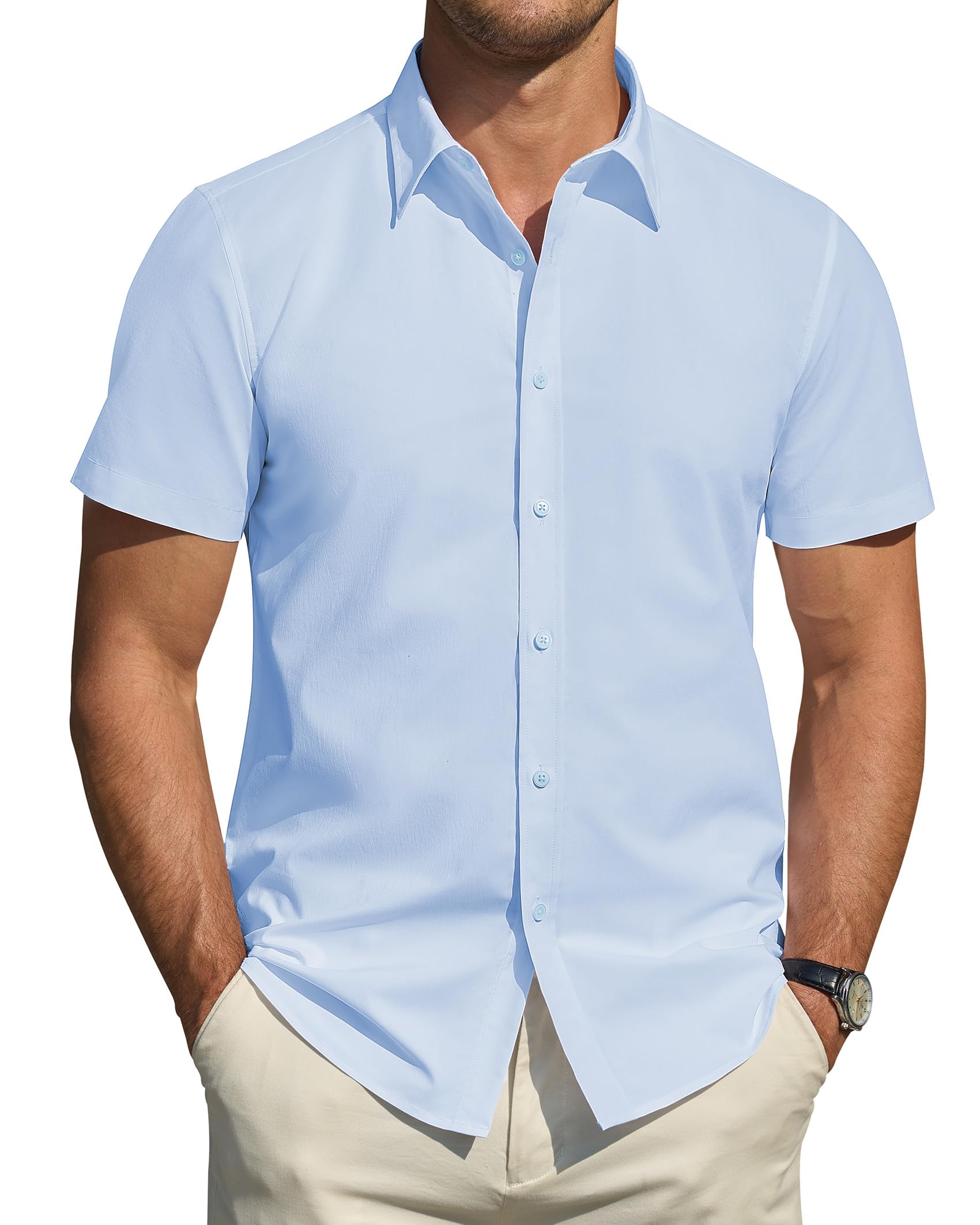 J.VER Men's Short Sleeve Casual Button Down Stretch Stain Proof Formal Plain Dre