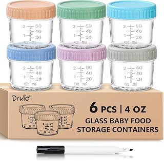 DRKIO 6 pcs Baby Food Storage Containers 4 Oz Small Glass Jars with Lids | Leak-proof Seal, Stable Stacking, Easy to Mark, Clear graduations Make Measuring User-friendly, BPA Free Reusable