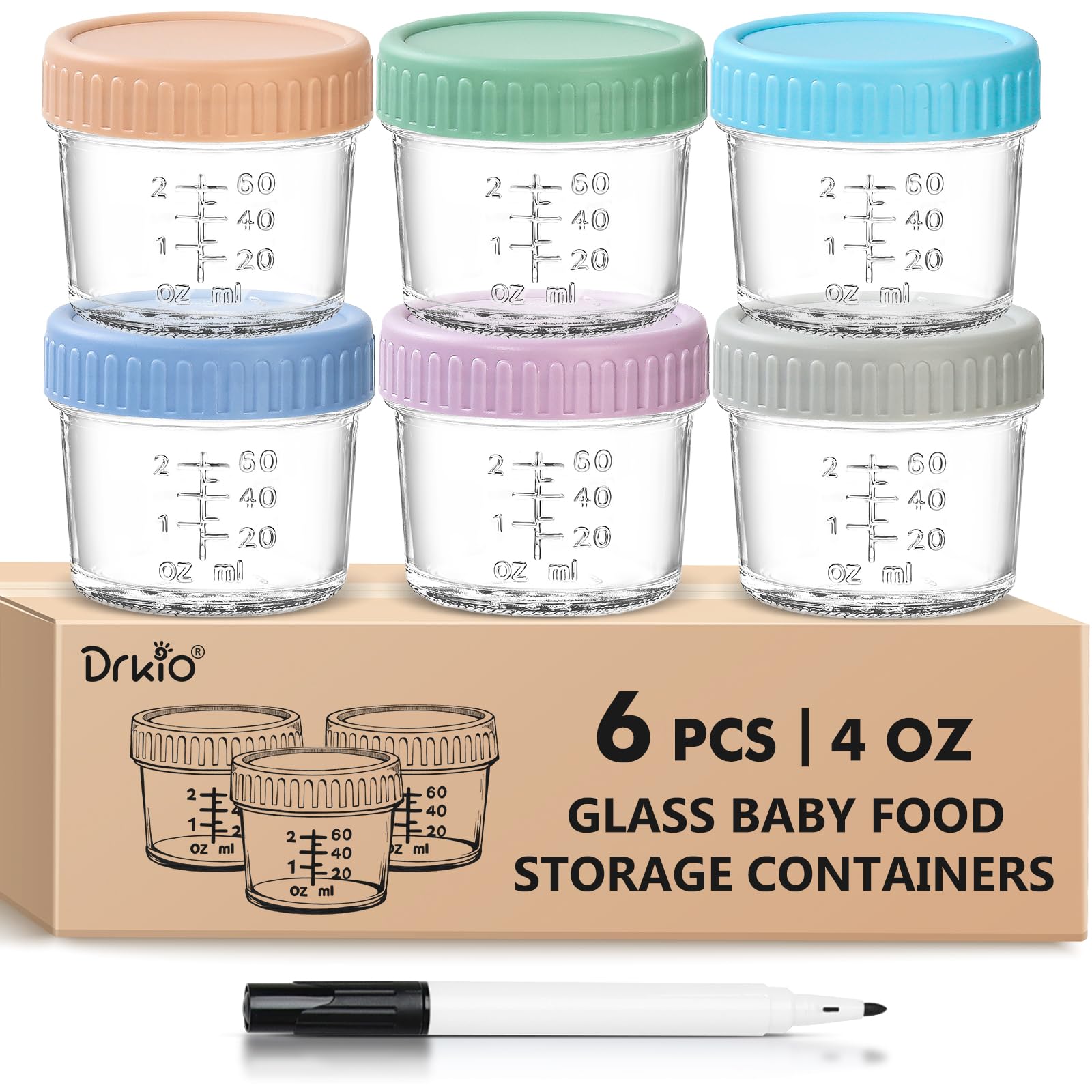 DRKIO 6 pcs Baby Food Storage Containers 4 Oz Small Glass Jars with Lids | Leak-