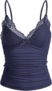 Naileksi Women Y2k Lace Trim Cami Top Spaghetti Strap Fairy Grunge Tank Top V Neck Ruched Bow Lace Patchwork Cami Shirt