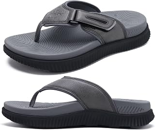 KuaiLu Men's Flip Flops Adjustable Walking Sandals Orthopedics Cushion Athletic Thick Sports Sliders for Men, Water Resistant & Lightweight, Soft Comfort & Arch Support