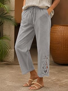 Women Cotton Linen Pants Casual Lightweight Elastic Drawstring Pants Summer 3/4 Pants with Pockets S-XXL