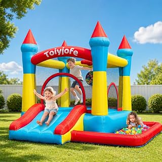 Bounce House for Kids 3-6, Toddler Indoor Outdoor Inflatable Bouncy Castle | 5-in-1 Small Jump House with Slide & Ball Pit & Hoop for Backyard Family Home Birthday Party, Includes 370W Blower