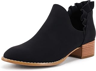 FISACE Women's Almond Toe Low Heel Western Ankle Boots Faux Leather Side Zipper Winter Shoes