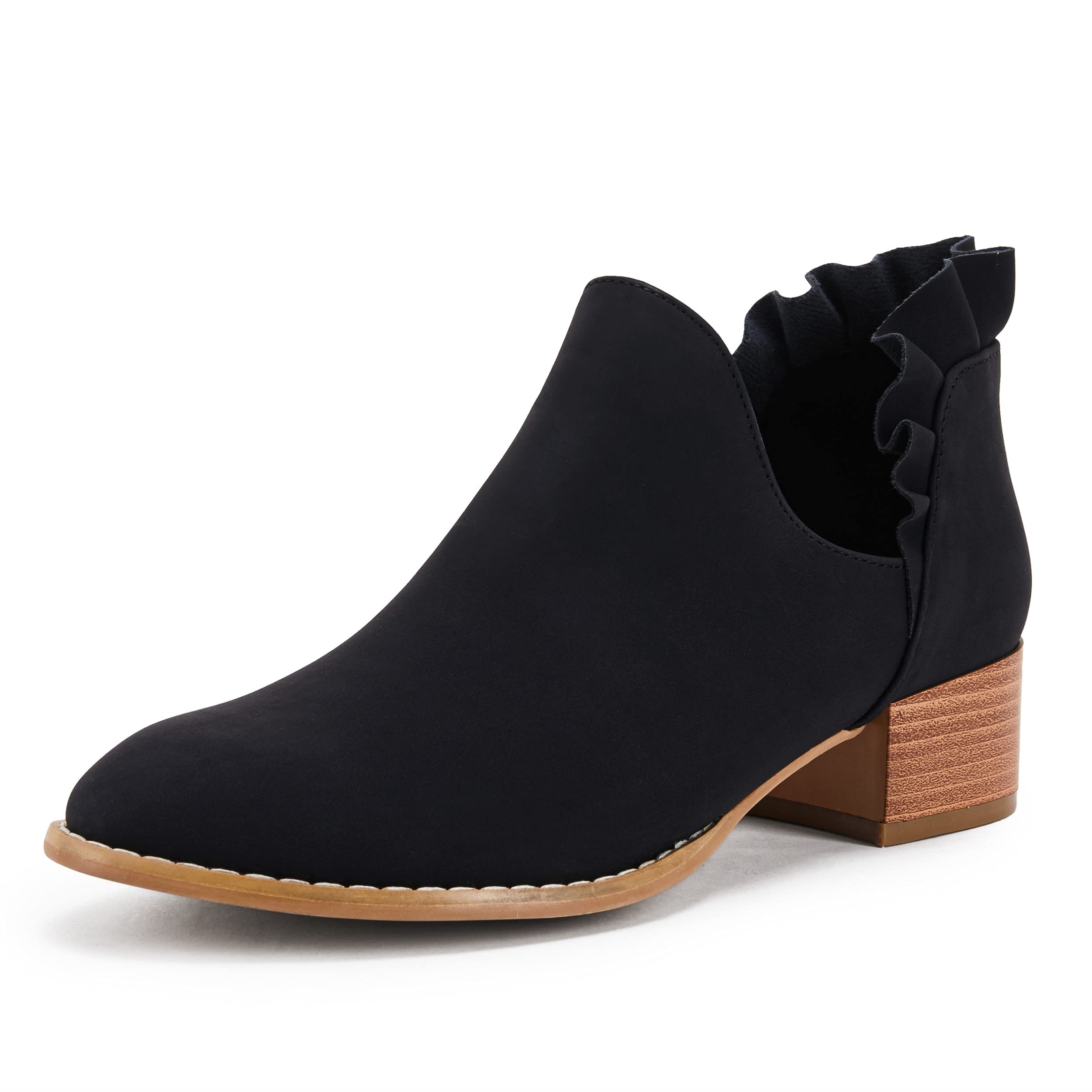 FISACE Women's Almond Toe Low Heel Western Ankle Boots Faux Leather Side Zipper 