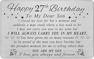 DEGASKEN 27th Birthday Decorations for Men, Son 27th Birthday Gifts for Men Him, Happy 27 Year Old Bday Card for Son, Metal Engraved Wallet Card